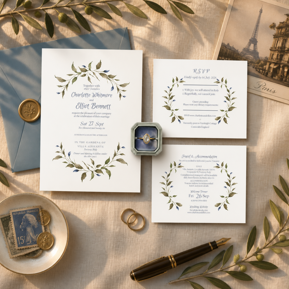 Green And Blue Leaf design Wedding Invitation Set Elegant Minimalist Style. Editable Canva Template.