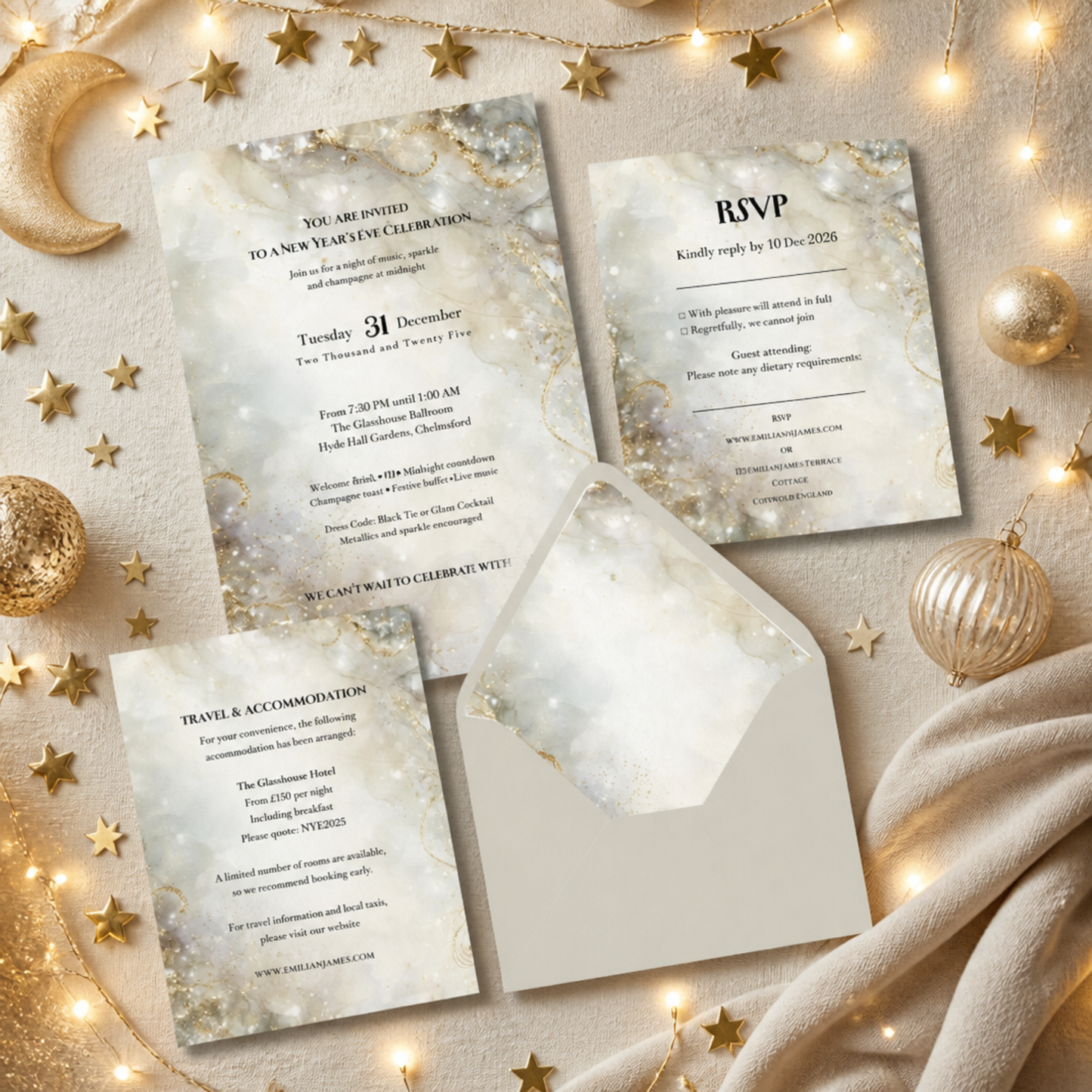 New Years Eve Party Invitation Set. Champagne Gold and Silver Sparkle Effect. Editable Template.