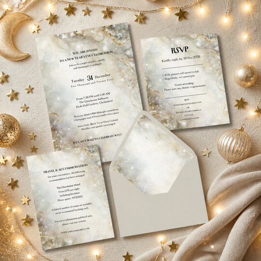 New Years Eve Party Invitation Set. Champagne Gold and Silver Sparkle Effect. Editable Template.