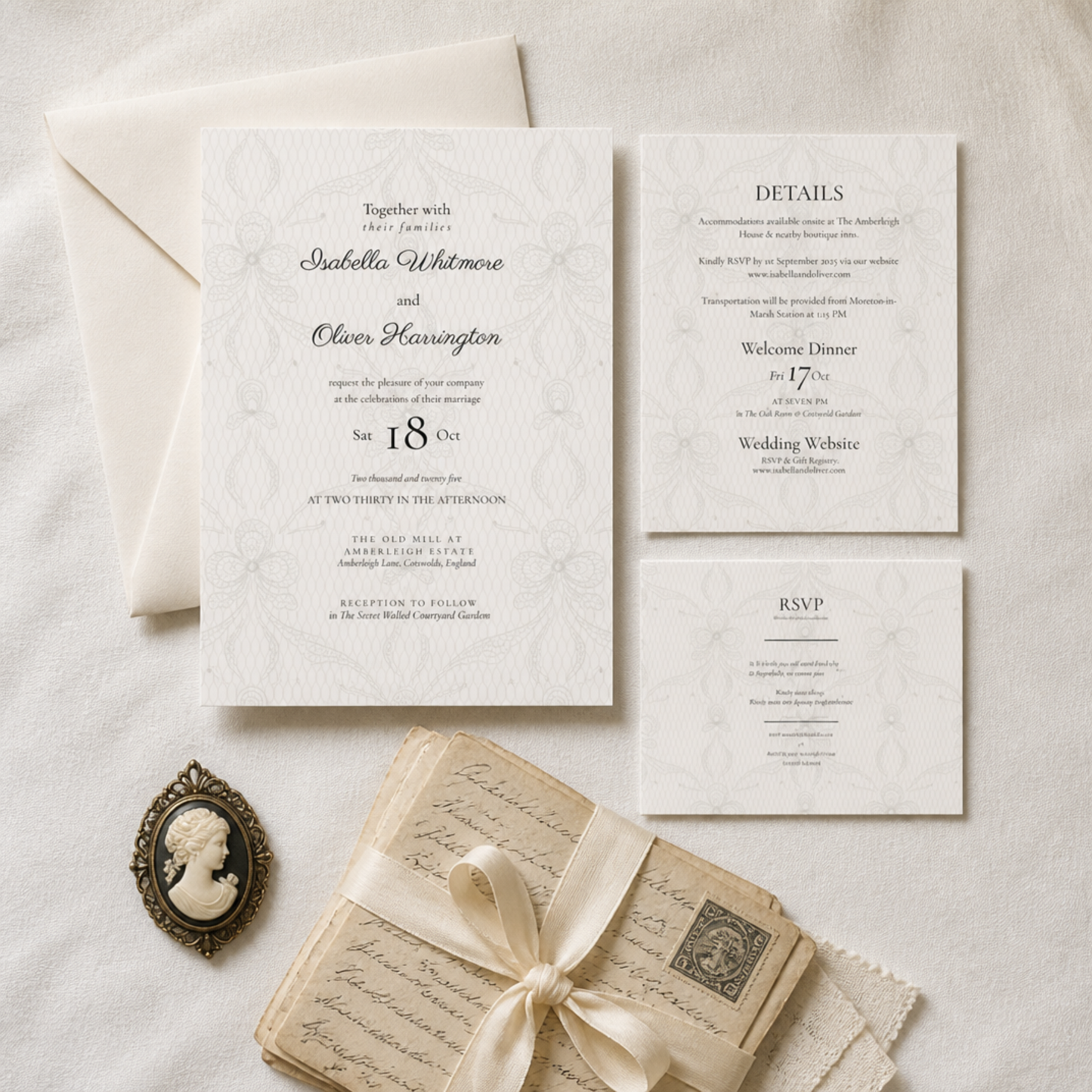 Lace Wedding Invitation Set, Elegant Cream Custom Digital Designs. Romantic Printable Wedding Stationery.