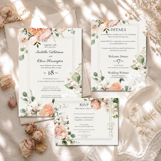 Peaches And Cream Wedding Invitation. Watercolour Floral Design, Instant Download Editable Template.