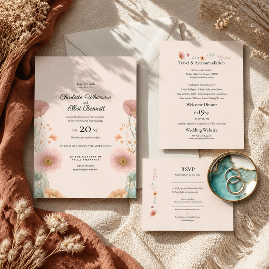 Peach And Green Wedding Invitation Set. Botanical Wedding Invite Suite, Instant Download Templates.