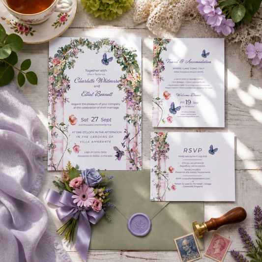 Summer Garden Botanical Wedding Stationary.  Pink Floral Arch Invitation Set. Canva Digital Download.