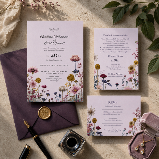 Pink Garden Wildflower Wedding Set, Editable Floral Invitation Template, Digital Download for Botanical Weddings.