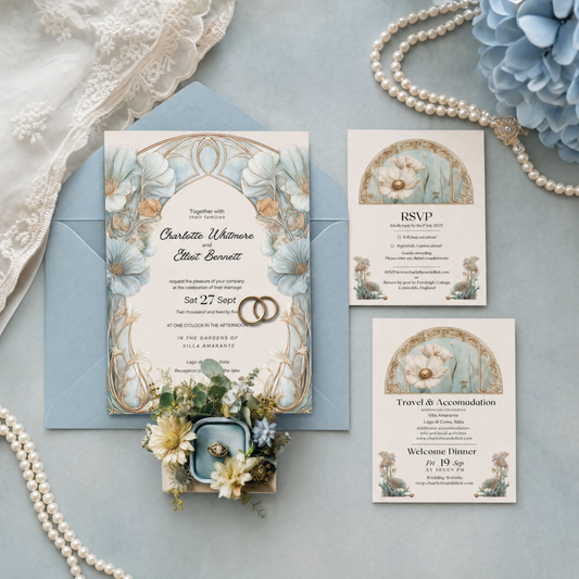 Art Nouveau Wedding Invitation Template, Botanical Arch Invite Set. Canva Download. Italian Destination Design.