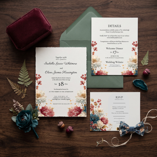 Autumn Wedding Invitation Set, Printable Floral Invite, Rustic Fall Design, Editable Canva Template Download