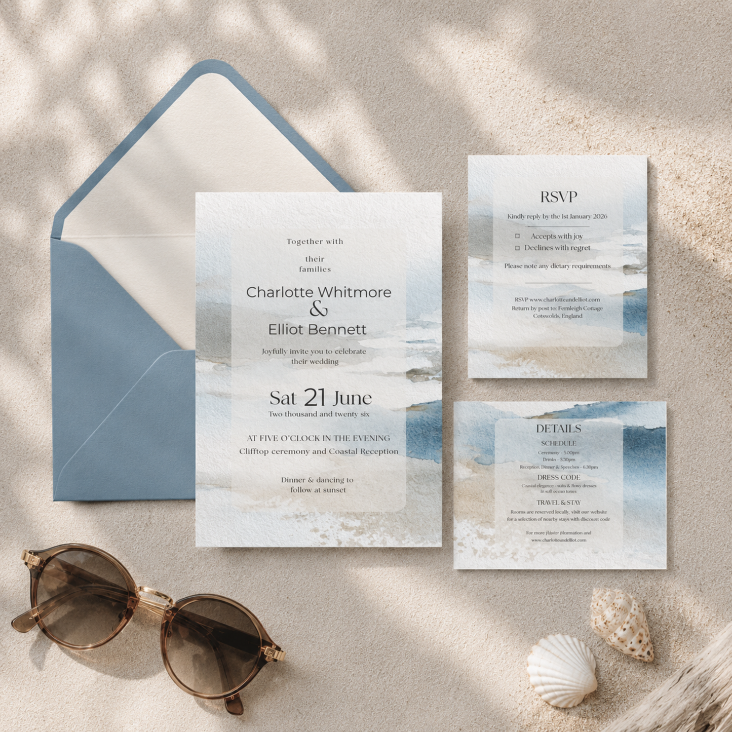 Coastal Wedding Stationery Bundle Editable Canva Template Suite Destination Beach Invitation Collection Minimalist.
