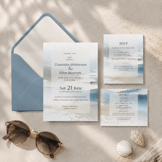 Coastal Wedding Stationery Bundle Editable Canva Template Suite Destination Beach Invitation Collection Minimalist.