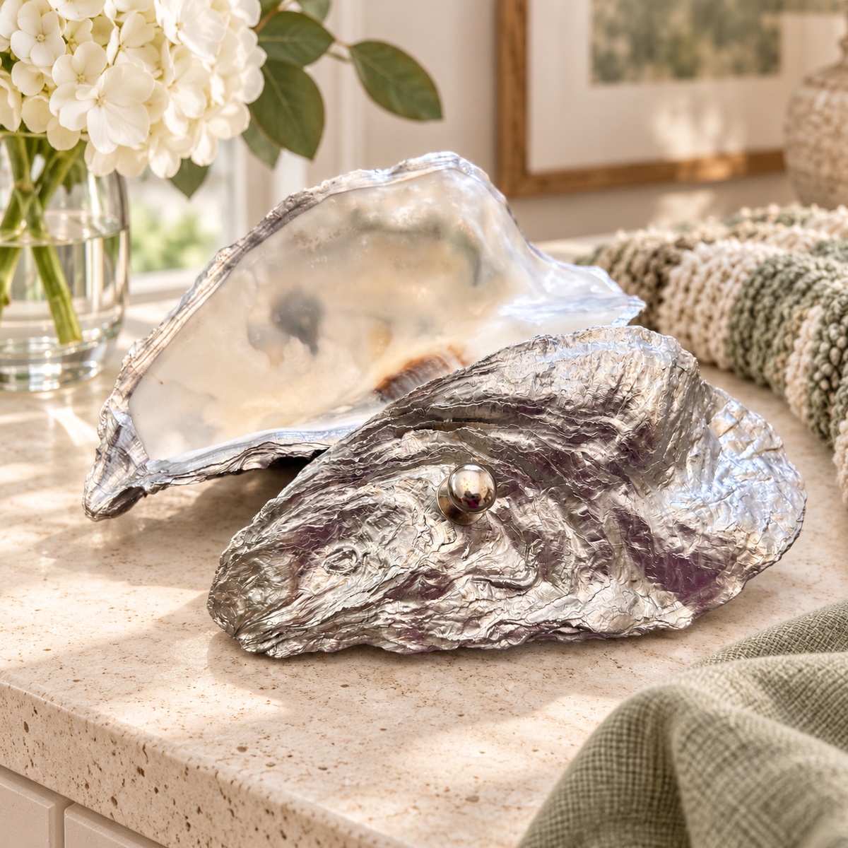 Silver whole oyster shell jewellery box. Chrome silver natural oyster shell jewellery holder. Ring bearer box. Silver Anniversary gift.