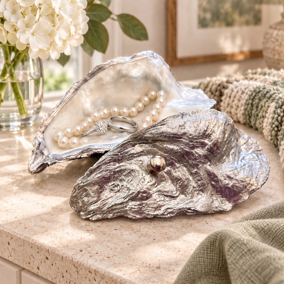 Silver whole oyster shell jewellery box. Chrome silver natural oyster shell jewellery holder. Ring bearer box. Silver Anniversary gift.