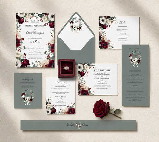 Burgundy Winter Wedding Invitation Suite. Floral Wedding Stationary Set. Editable Digital Download.