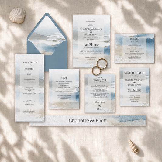 Coastal Wedding Invitation Suite. Neutral Destination or Beach Invite Set. Canva Editable Template.