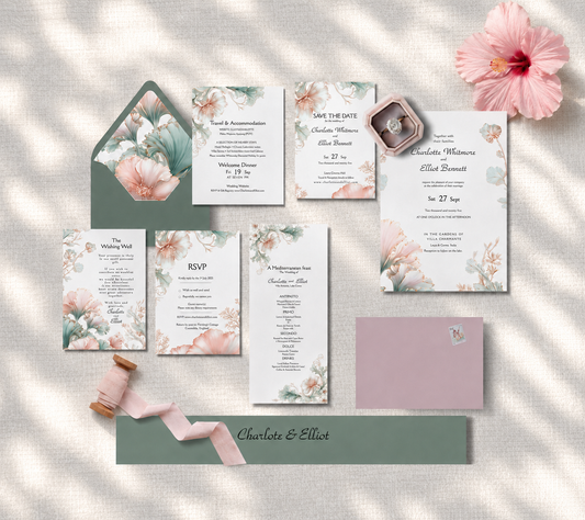 Sage Green and Blush Pink Wedding Invitation Suite. Editable Art Nouveau Canva Digital Download.