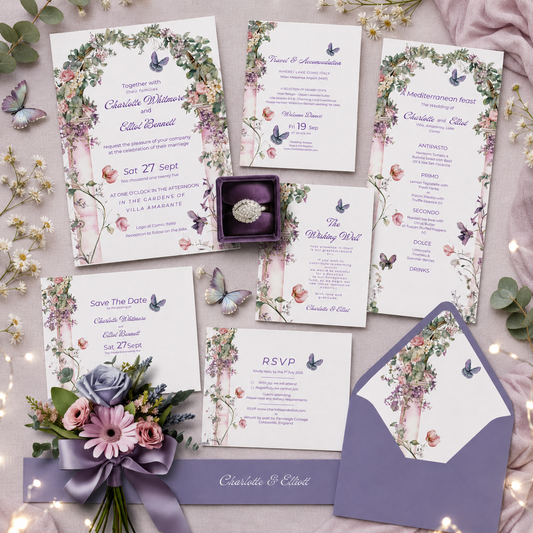 Lavender Wedding Invitation Bundle. Elegant Floral Arch and Butterfly Digital Download. Customisable Editable Template.