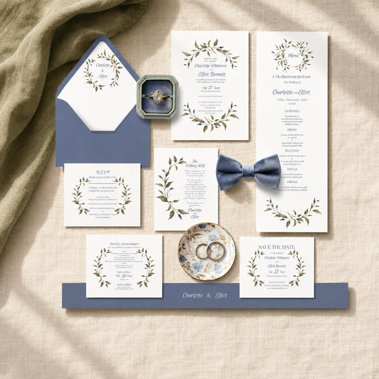 Olive and Dusty Blue Watercolour Wedding Invitation Suite. Editable Canva Template. Botanical Digital Download.