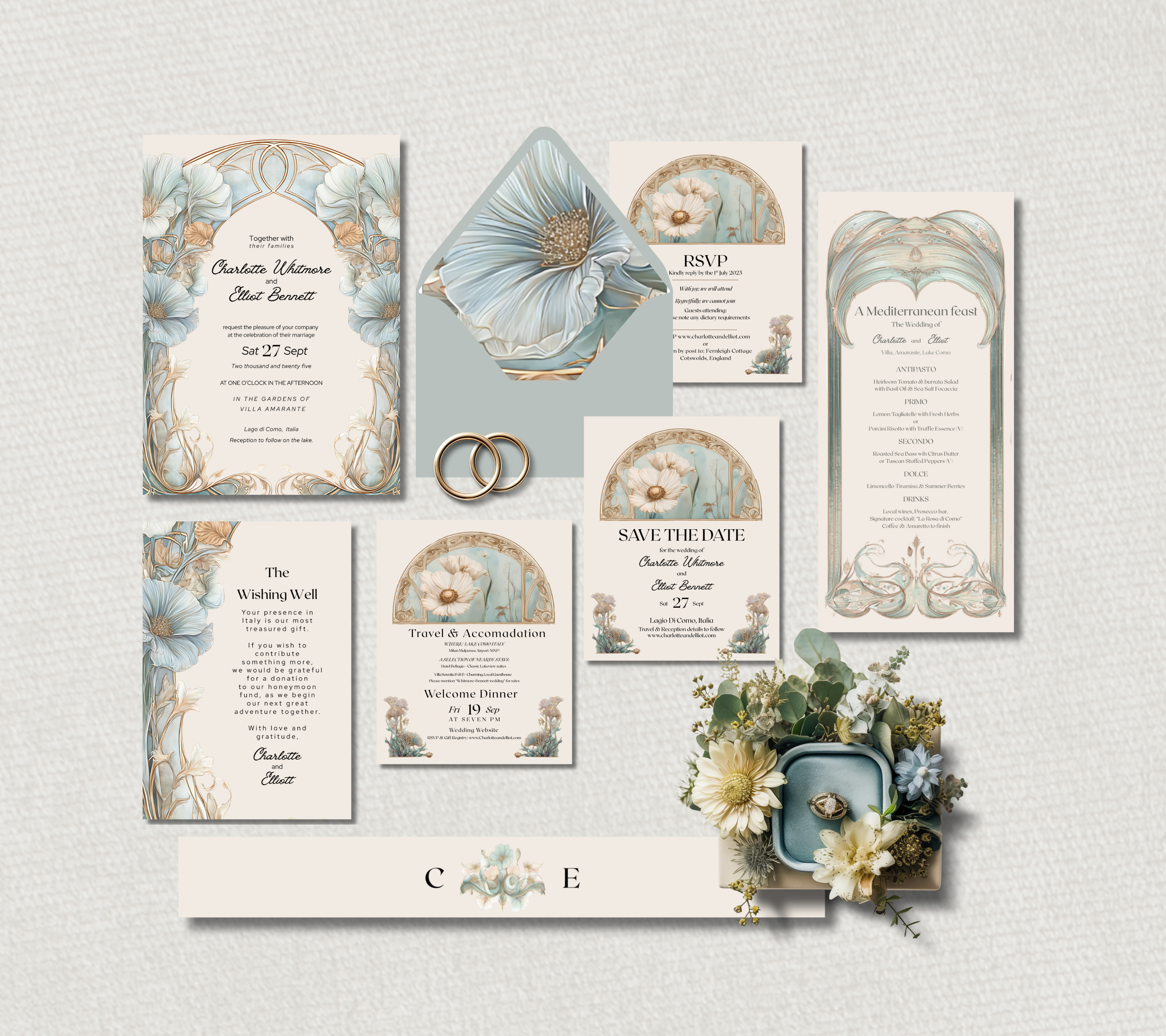 Wedding invitation set with floral designs on a light gray background