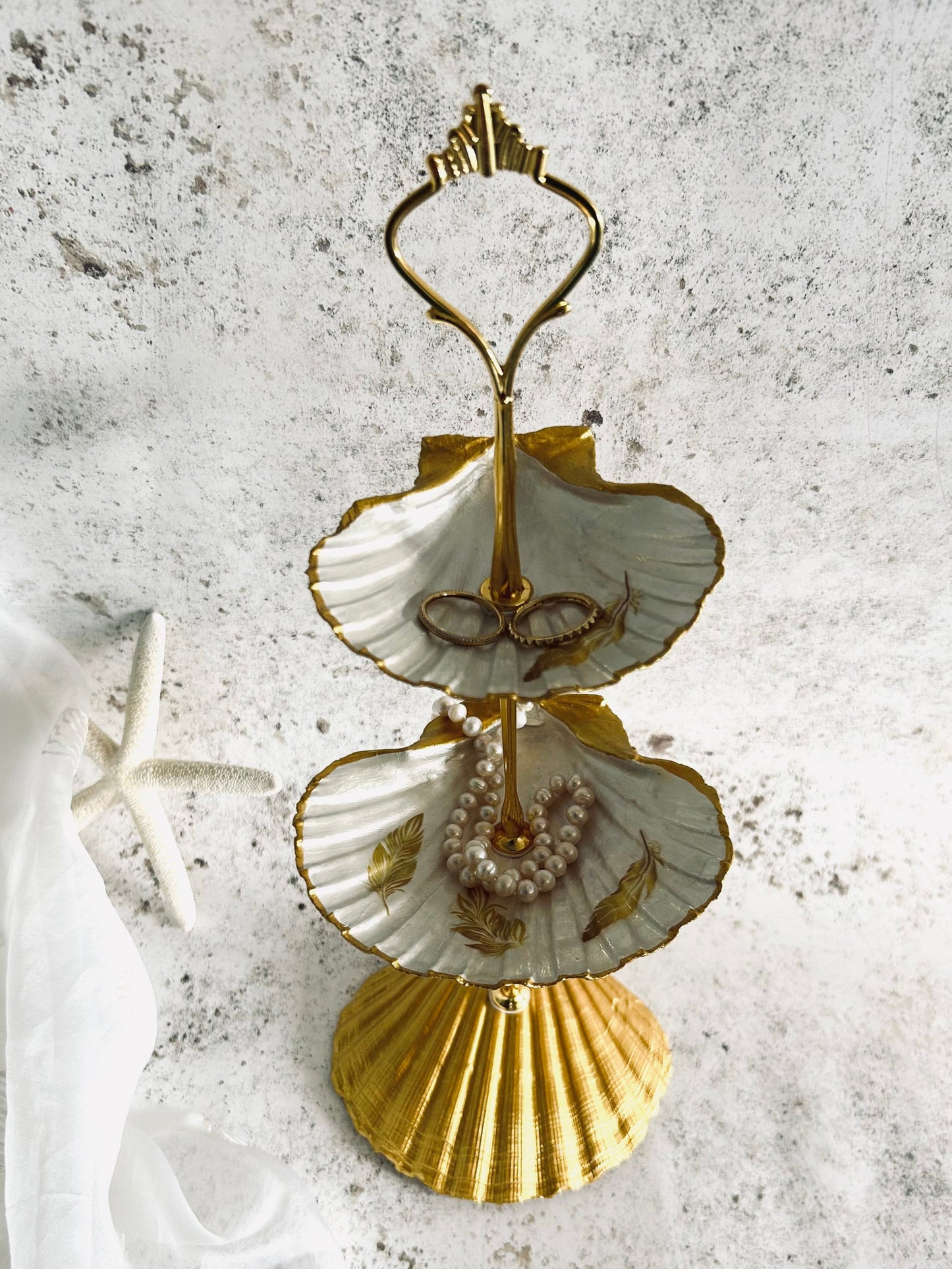 Gold Natural Two Tier Scallop Shell Jewellery Stand with Feather Design.