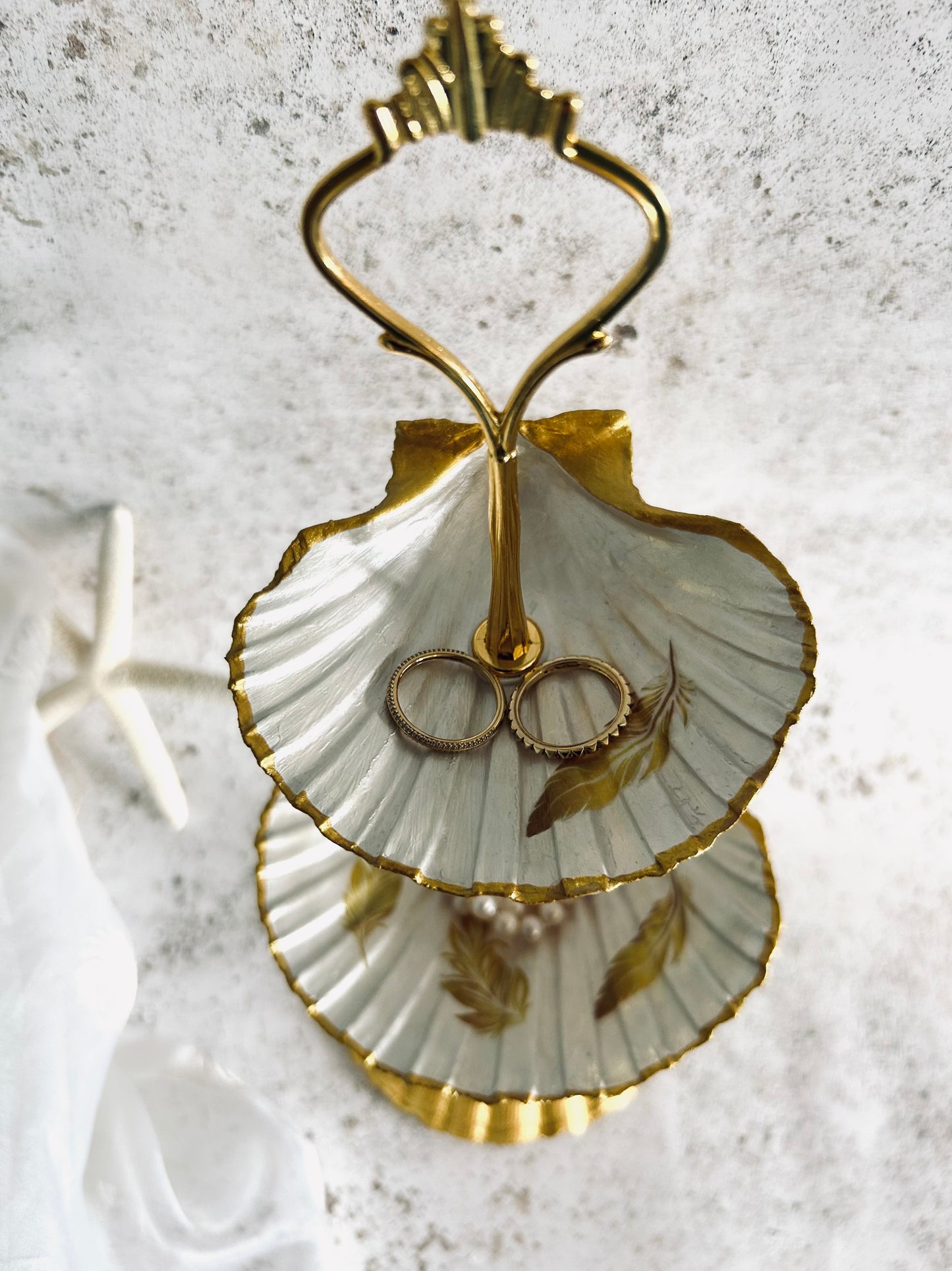 Gold Natural Two Tier Scallop Shell Jewellery Stand with Feather Design.