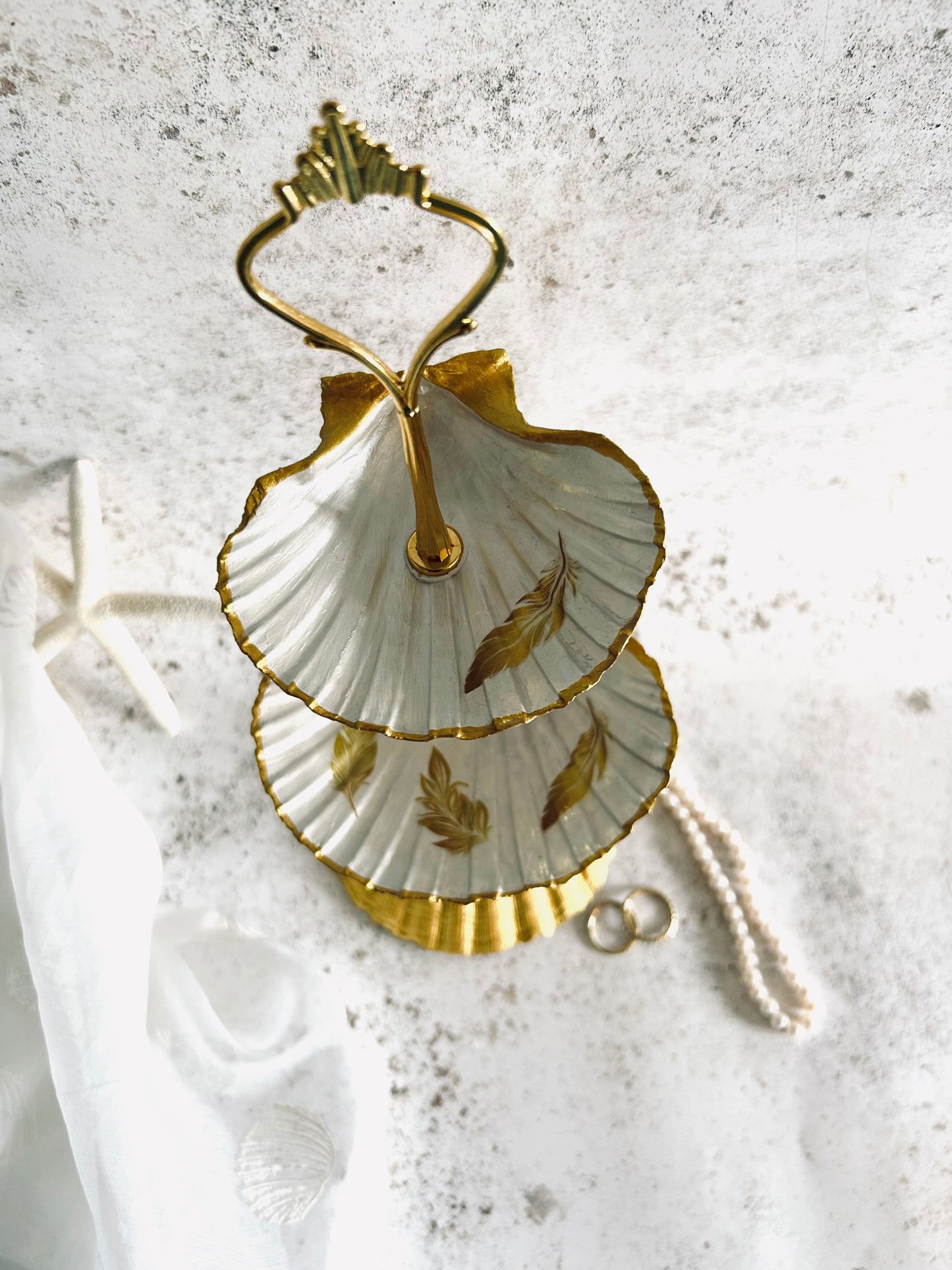 Gold Natural Two Tier Scallop Shell Jewellery Stand with Feather Design.