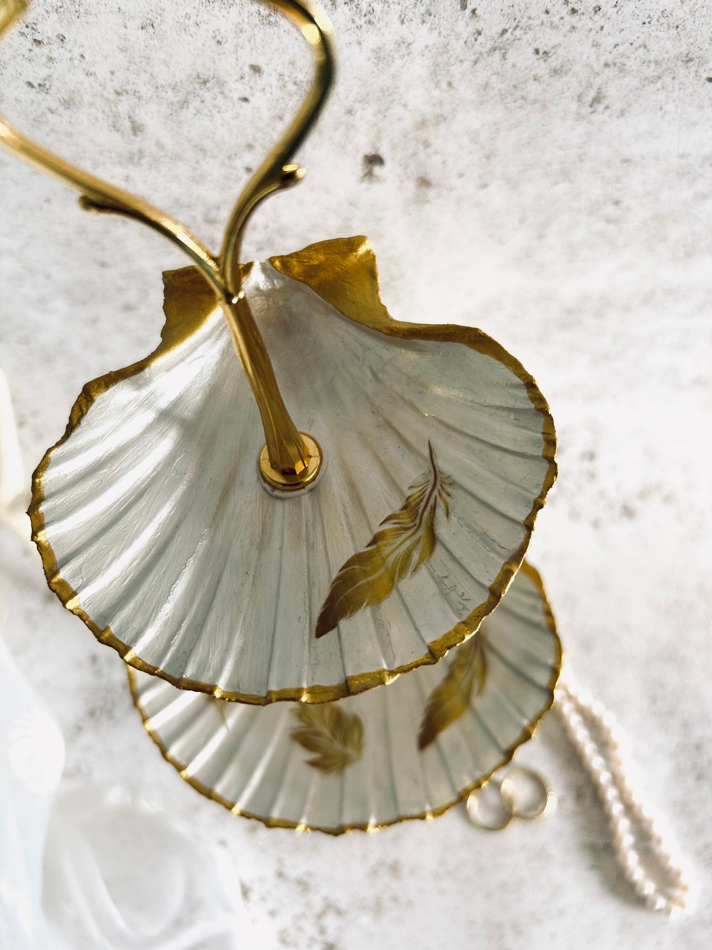Gold Natural Two Tier Scallop Shell Jewellery Stand with Feather Design.