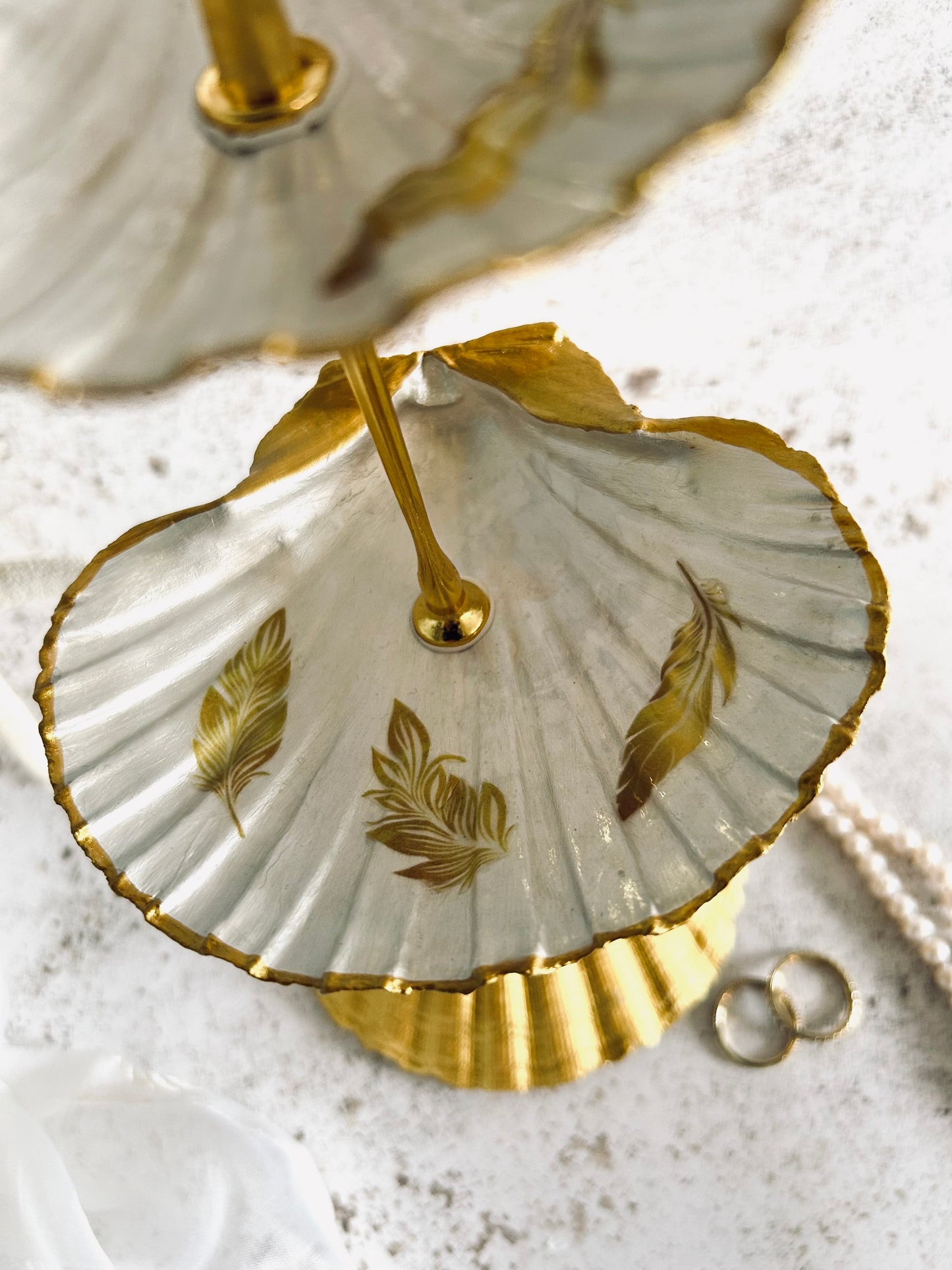 Gold Natural Two Tier Scallop Shell Jewellery Stand with Feather Design.
