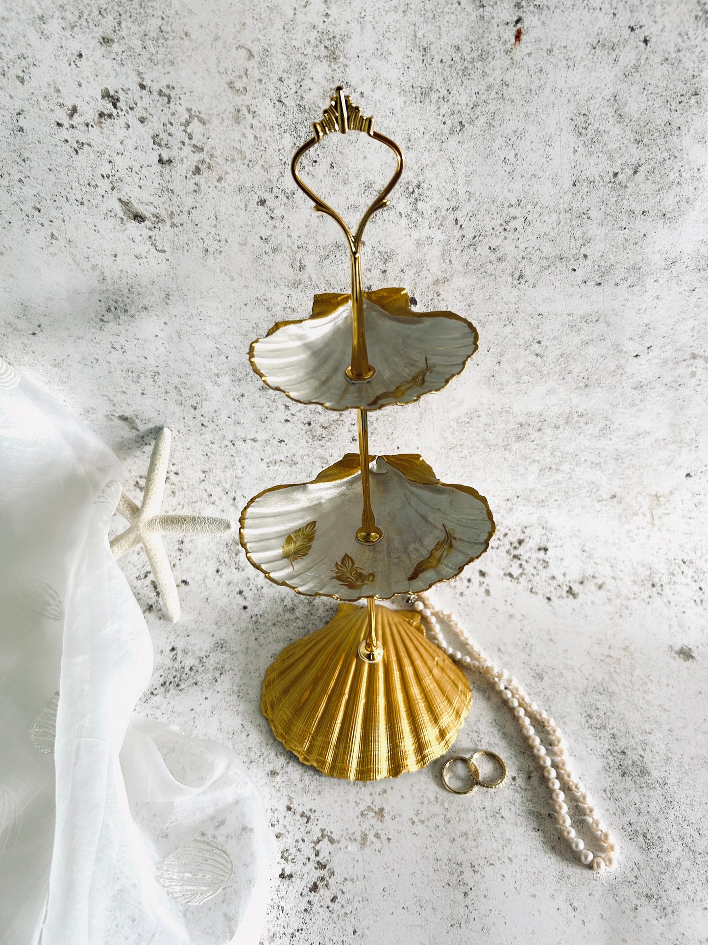 Gold Natural Two Tier Scallop Shell Jewellery Stand with Feather Design.