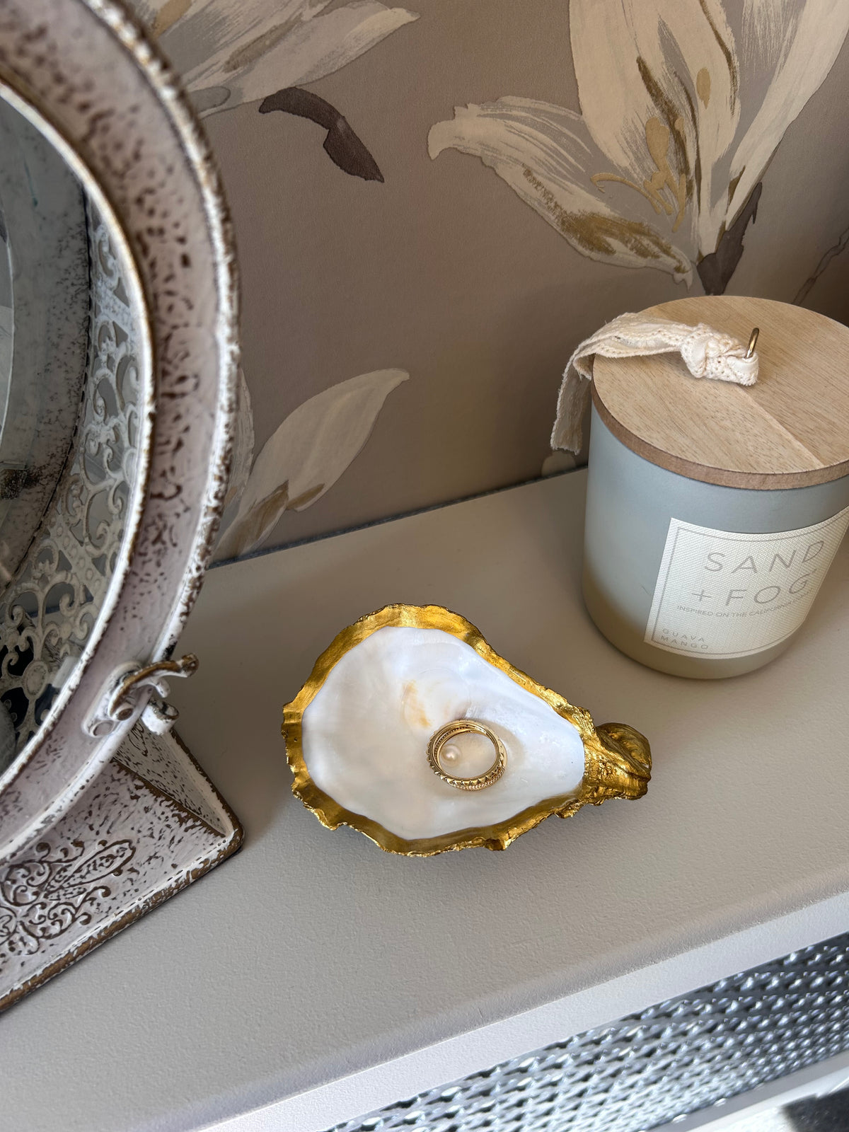 Gold Oyster Shell Ring Holder. Dressing Table Oyster Dish Set With A Freshwater Pearl.
