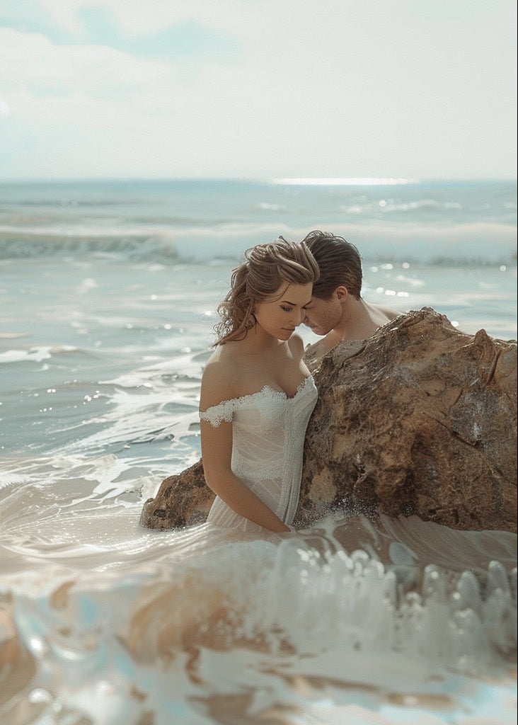 Couple in wedding attire sitting on rocks by the ocean.