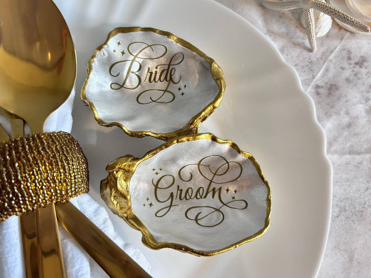 Antique Gold Oyster Shell Wedding Place Name and Favours.