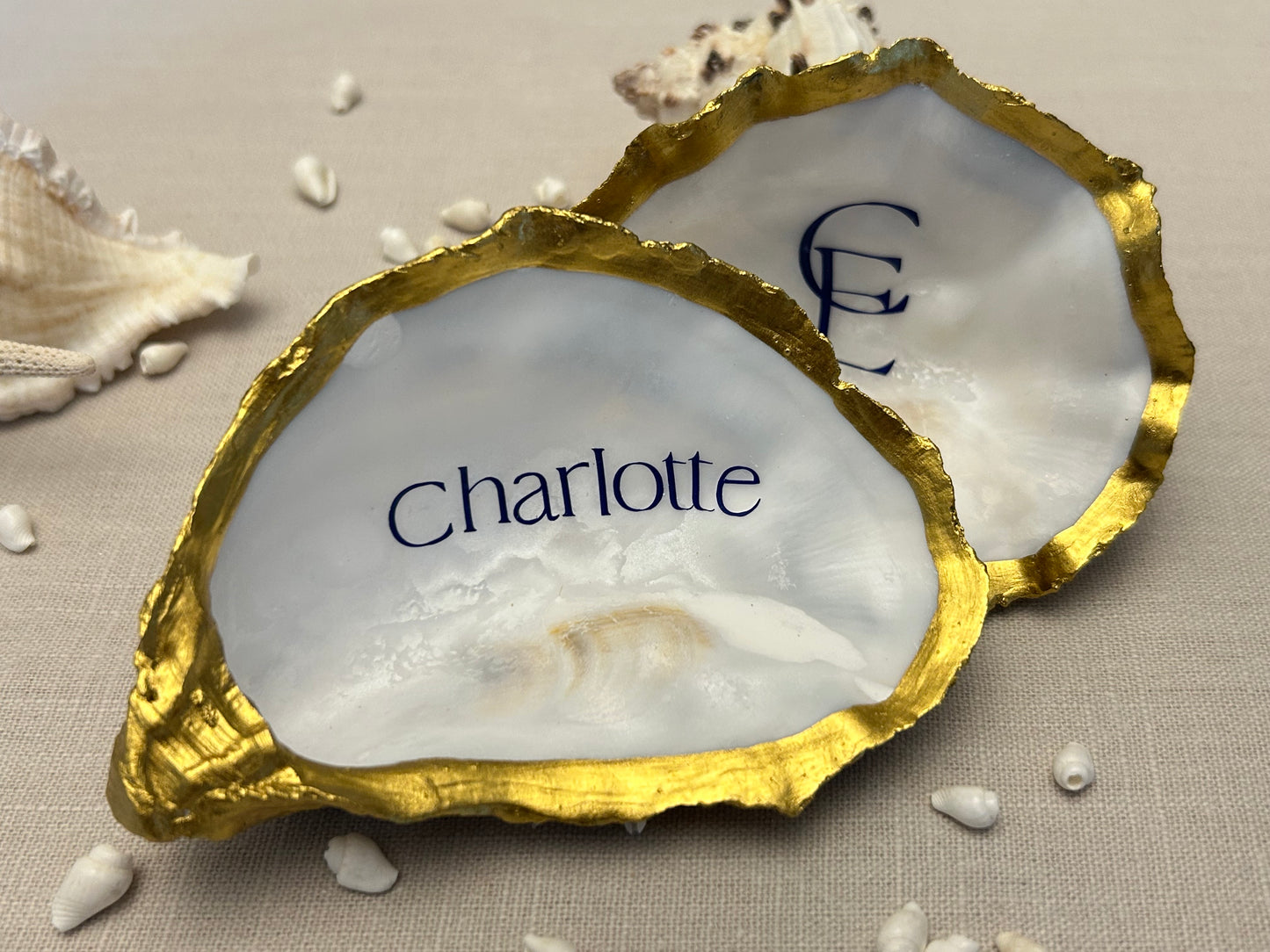 Gold Oyster Shell Place Cards. Personalised Wedding Name Place. Coastal Favour Gift.
