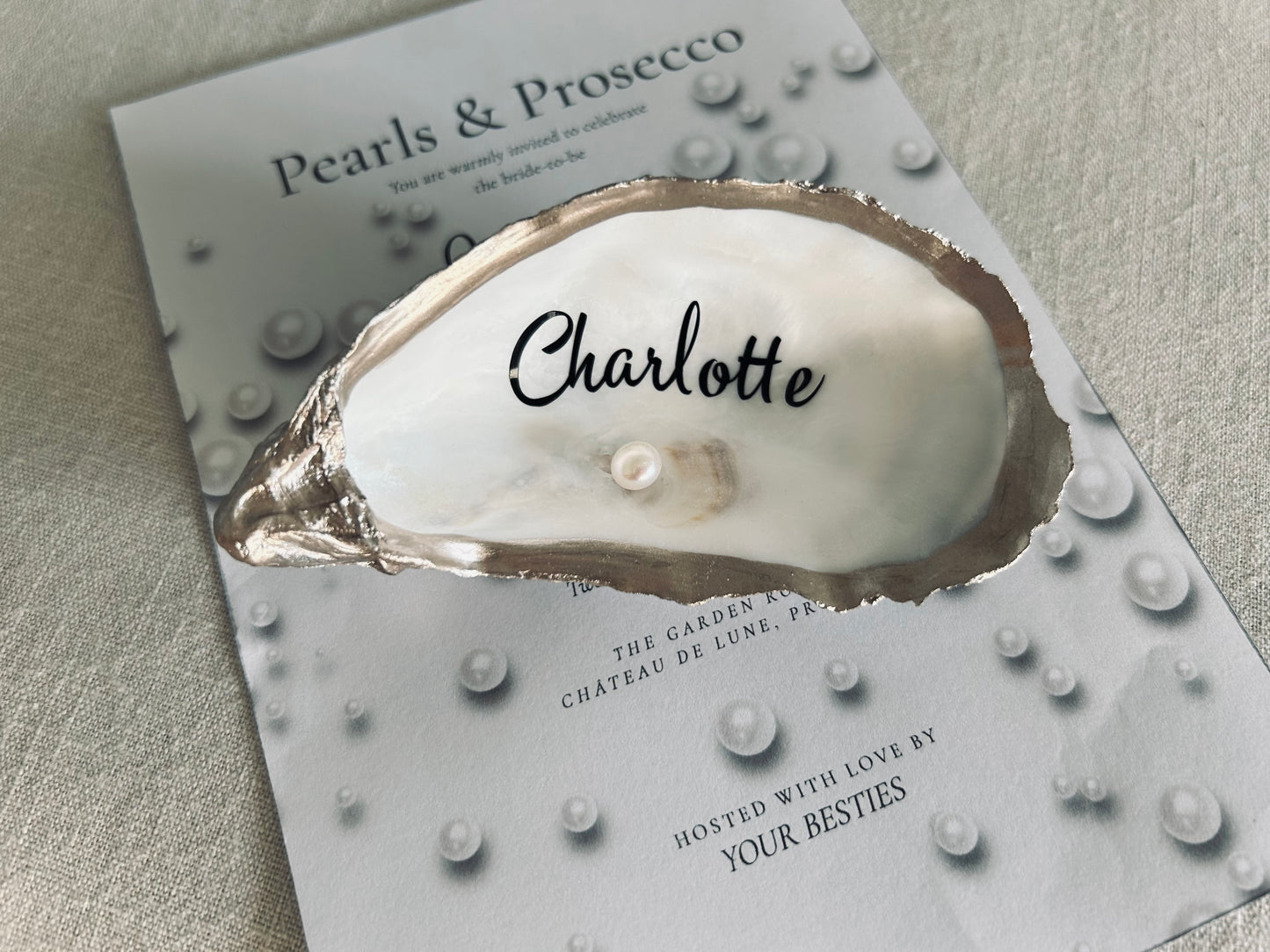 Champagne Gold Oyster Shell Place Cards. Personalised Wedding Name Settings.