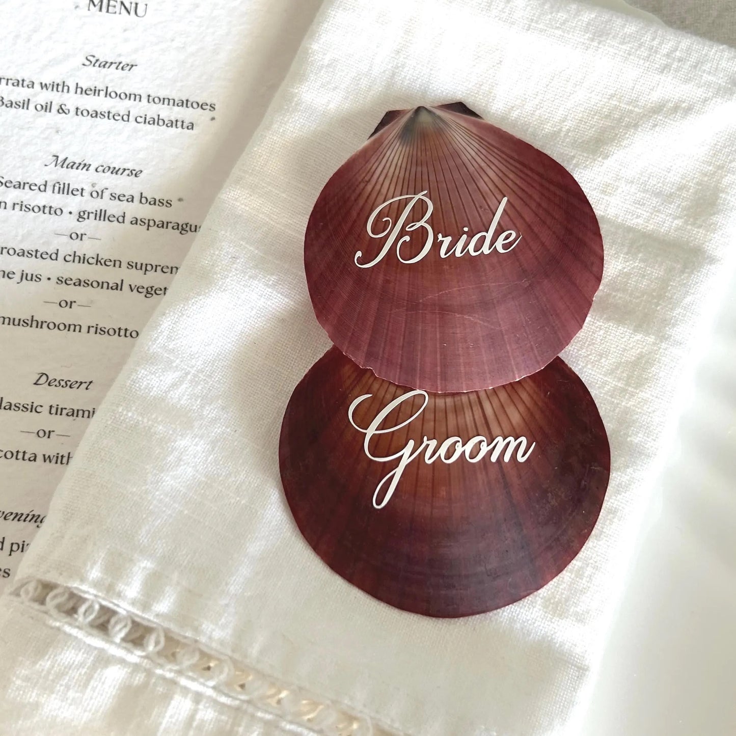 Pink and Red Harvest Moon Shell Name Card For Beach Wedding. Coastal Place Setting.