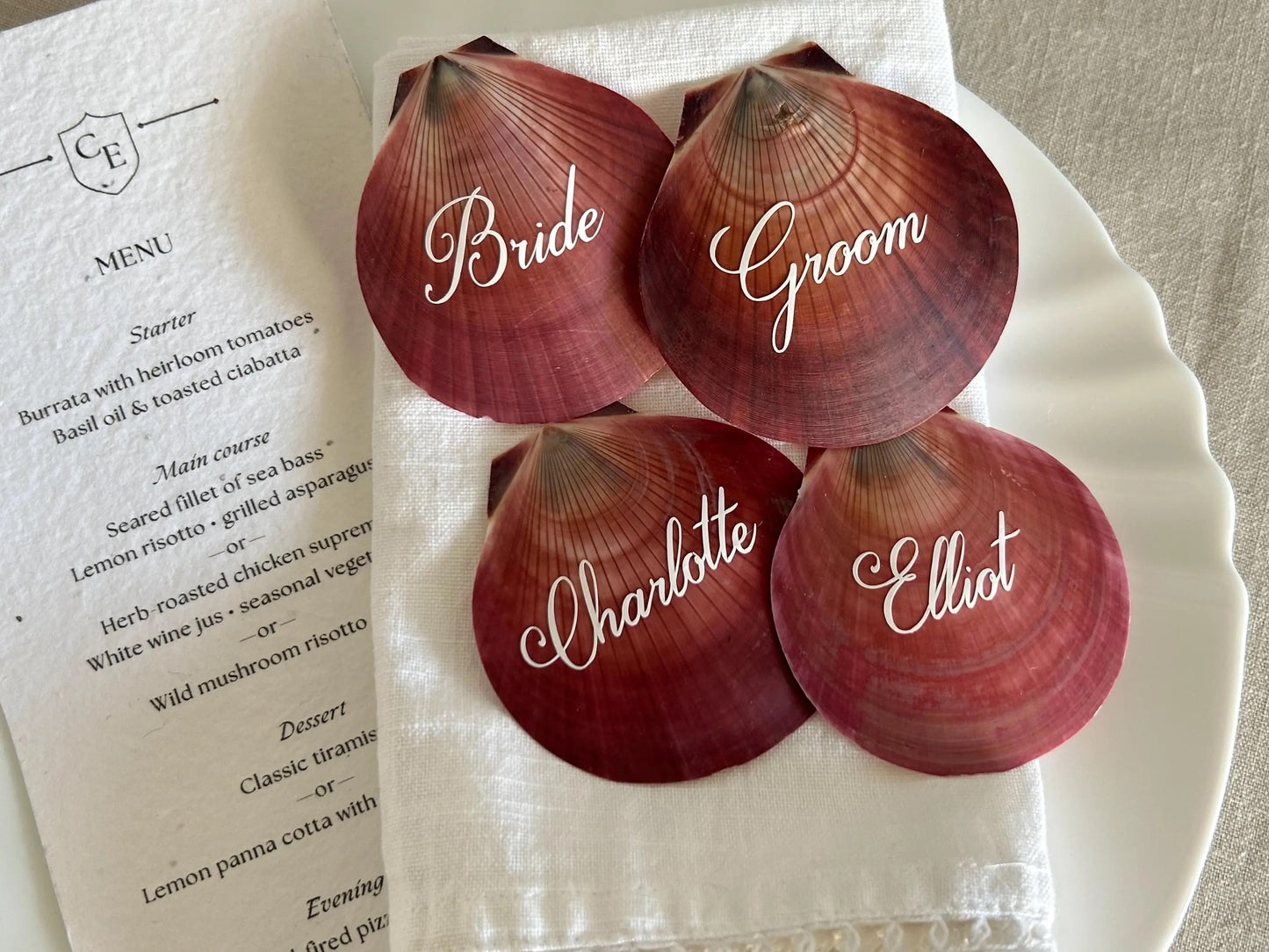 Pink and Red Harvest Moon Shell Name Card For Beach Wedding. Coastal Place Setting.