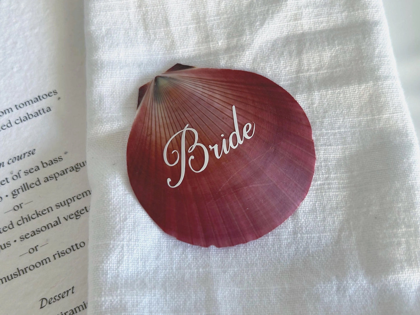 Pink and Red Harvest Moon Shell Name Card For Beach Wedding. Coastal Place Setting.