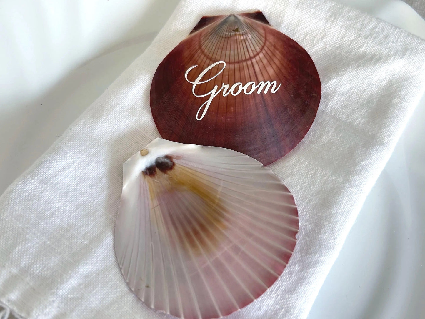 Pink and Red Harvest Moon Shell Name Card For Beach Wedding. Coastal Place Setting.