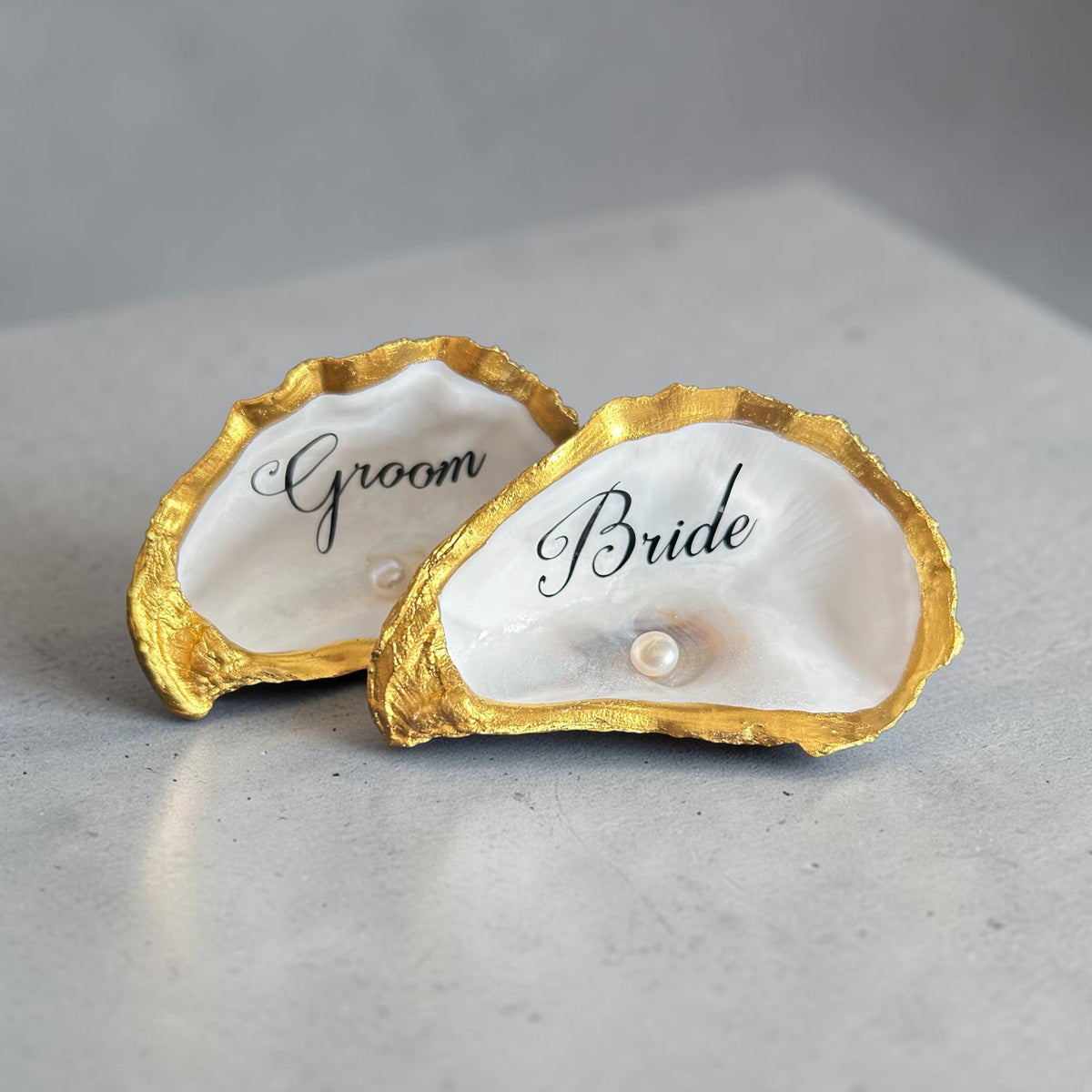 Bride and Groom antique gold oyster shell place names with freshwater pearls