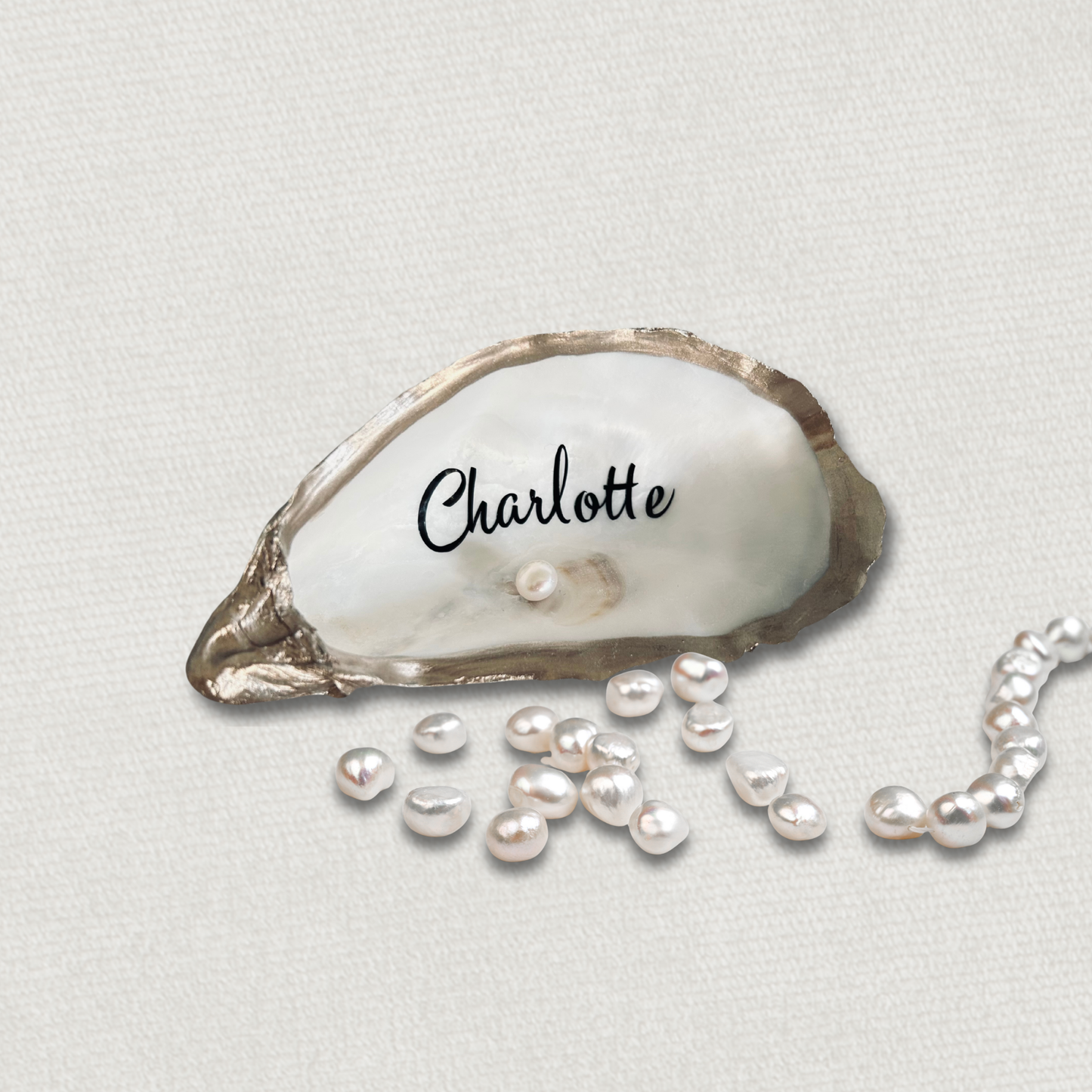 Champagne Gold Oyster Shell Place Cards. Personalised Wedding Name Settings.