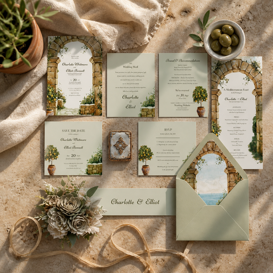 Mediterranean Sage Green Wedding Invitation Suite. Editable Canva Template. Tuscan Destination Bundle.