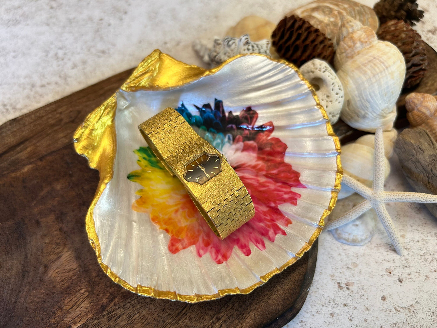Golden Rainbow flower Natural Scallop Shell Jewellery Dish.