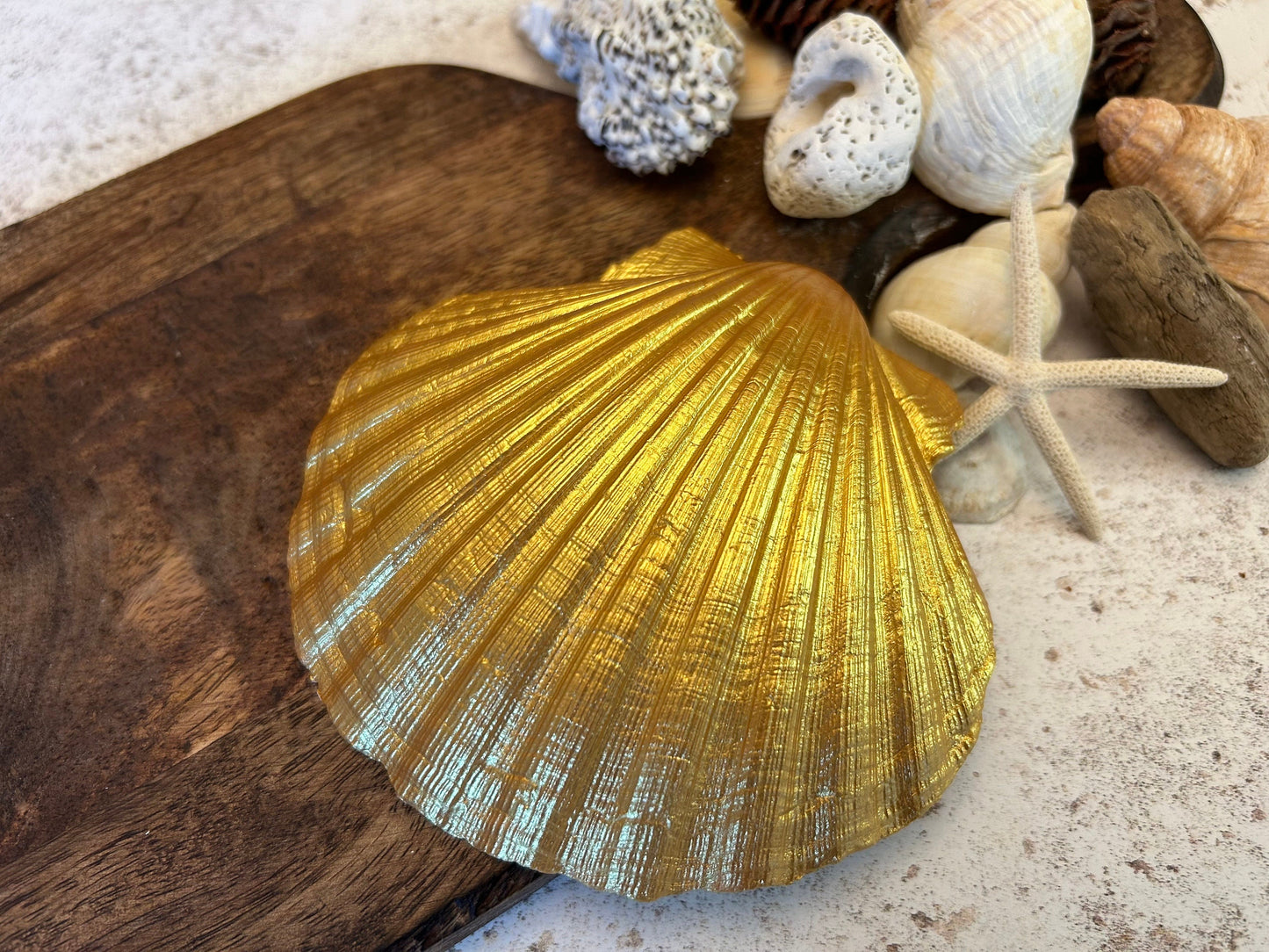 Golden Rainbow flower Natural Scallop Shell Jewellery Dish.
