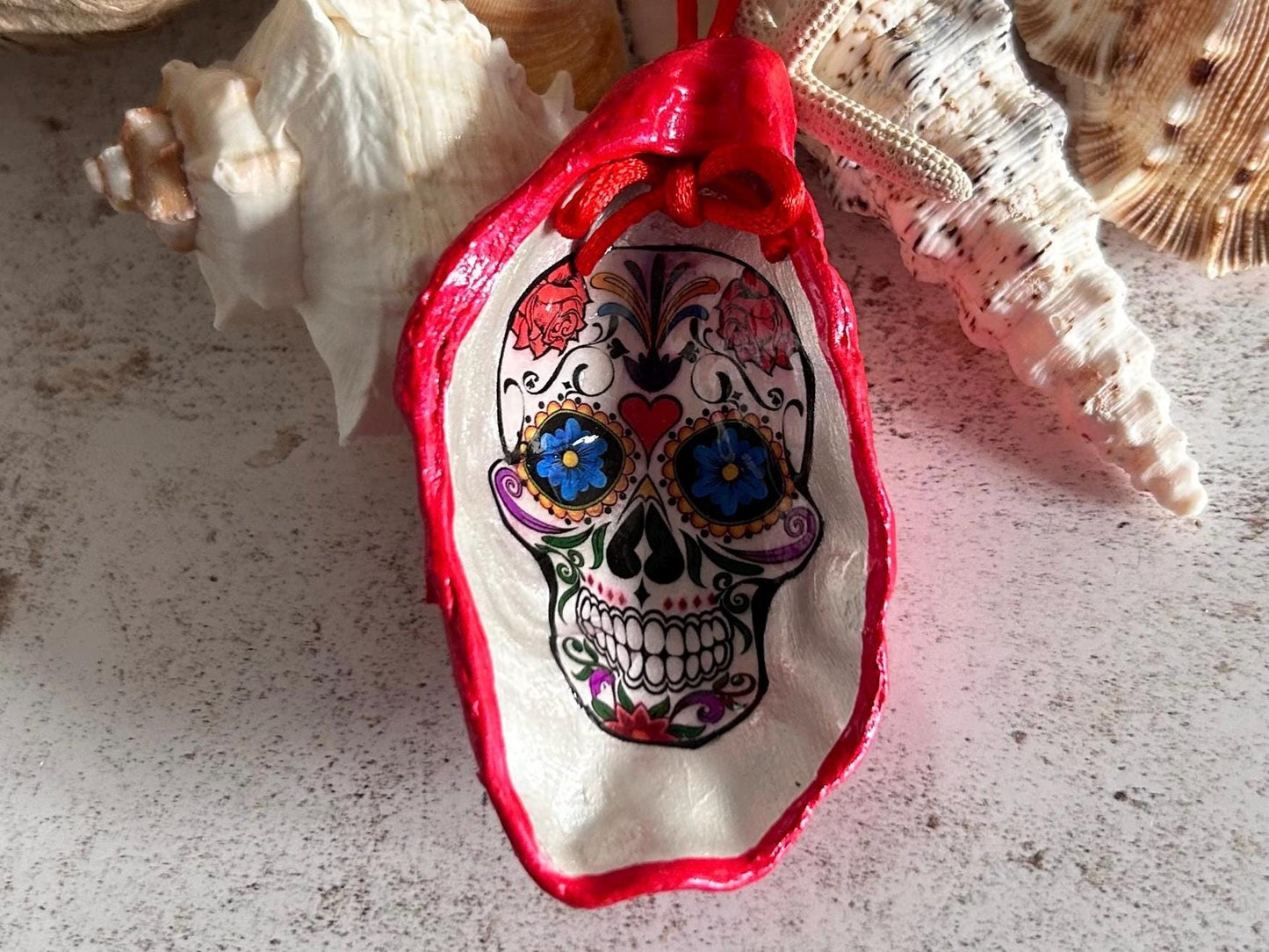 Gothic Day of the Dead Sugar Skull Oyster Shell Hanging Decoration.