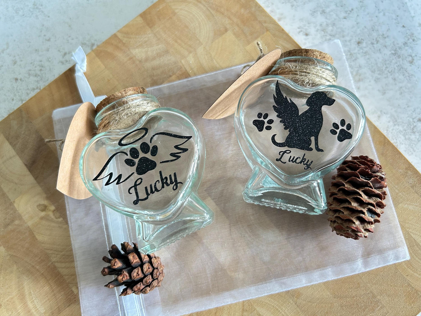 Heart Glass Dog Jar For Fur Baby. Custom Keepsake Pet Memorial Jar.