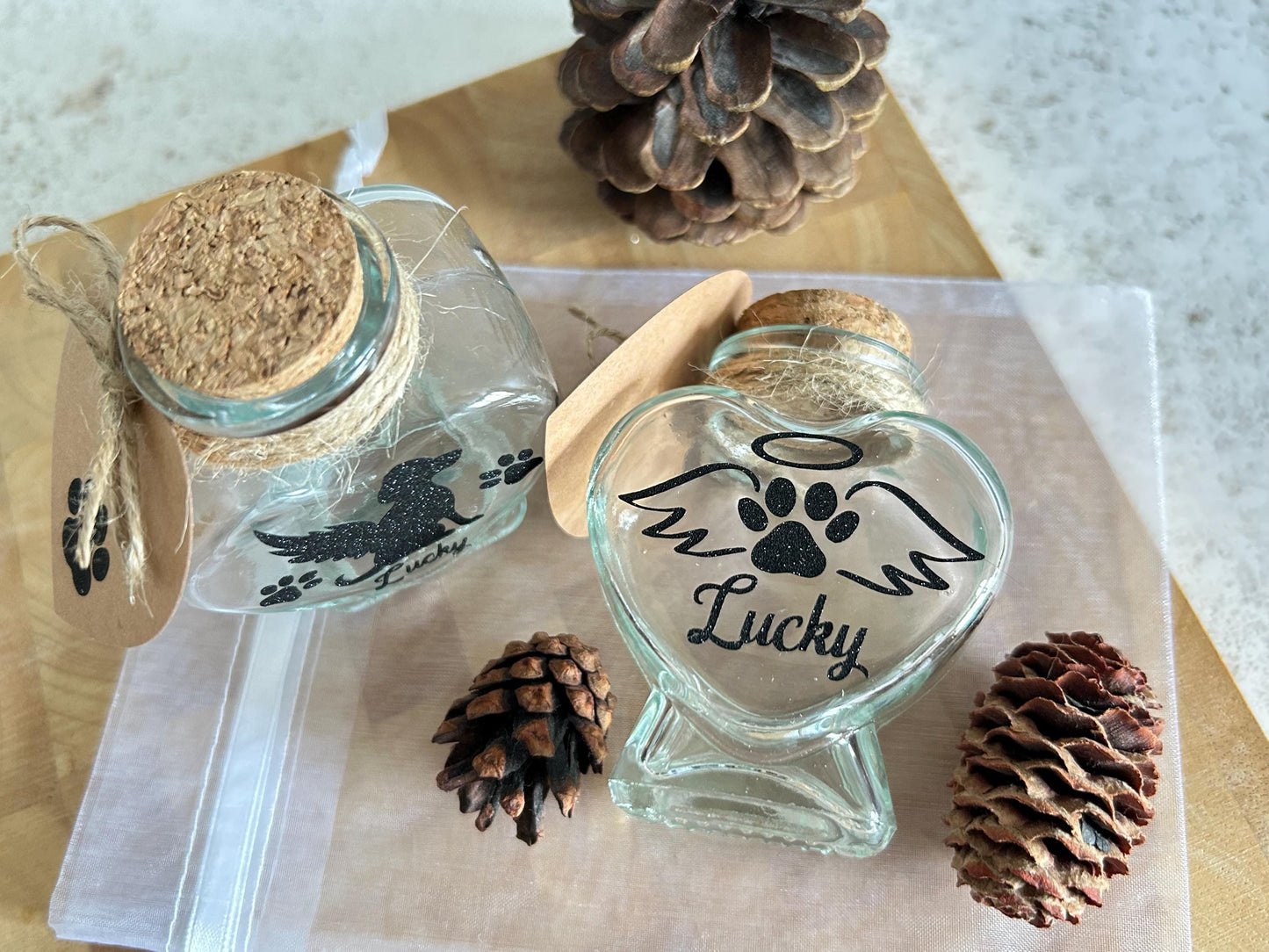 Heart Glass Dog Jar For Fur Baby. Custom Keepsake Pet Memorial Jar.