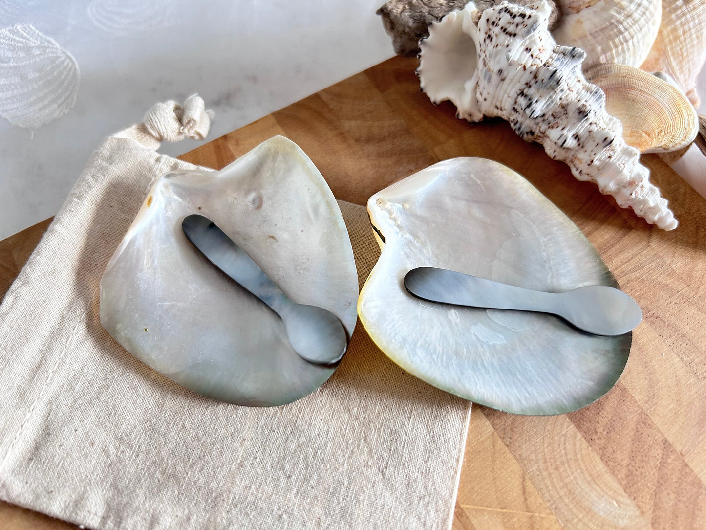 Black Lip Oyster Caviar Dish and Spoon. Hand Polished Natural Black Mother of Pearl Oyster.