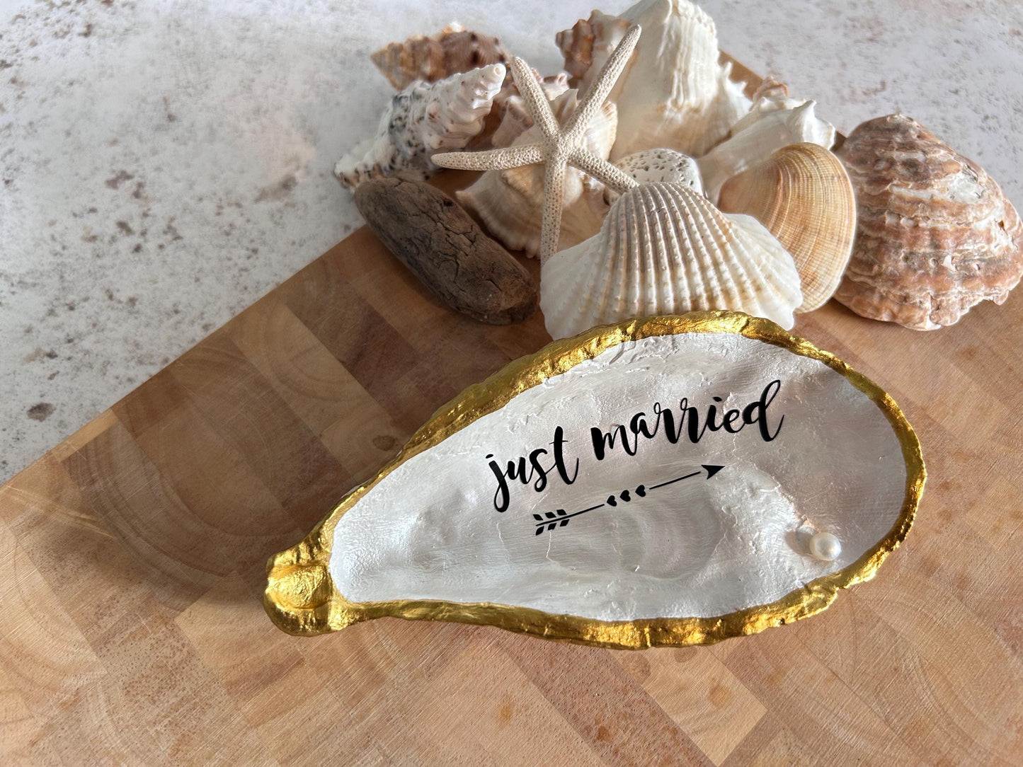 Just Married Oyster Shell Wedding Ring Dish Set With A Freshwater Pearl.