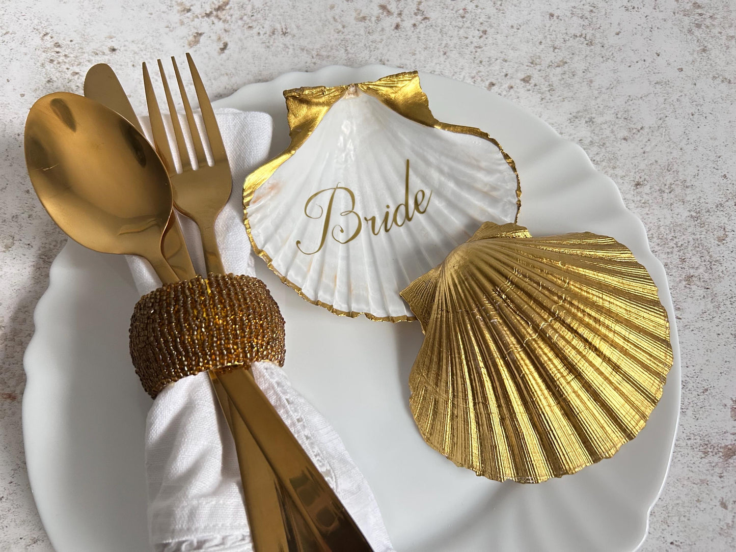 Gold Scallop Shell Wedding Place Names and Guest Favours.