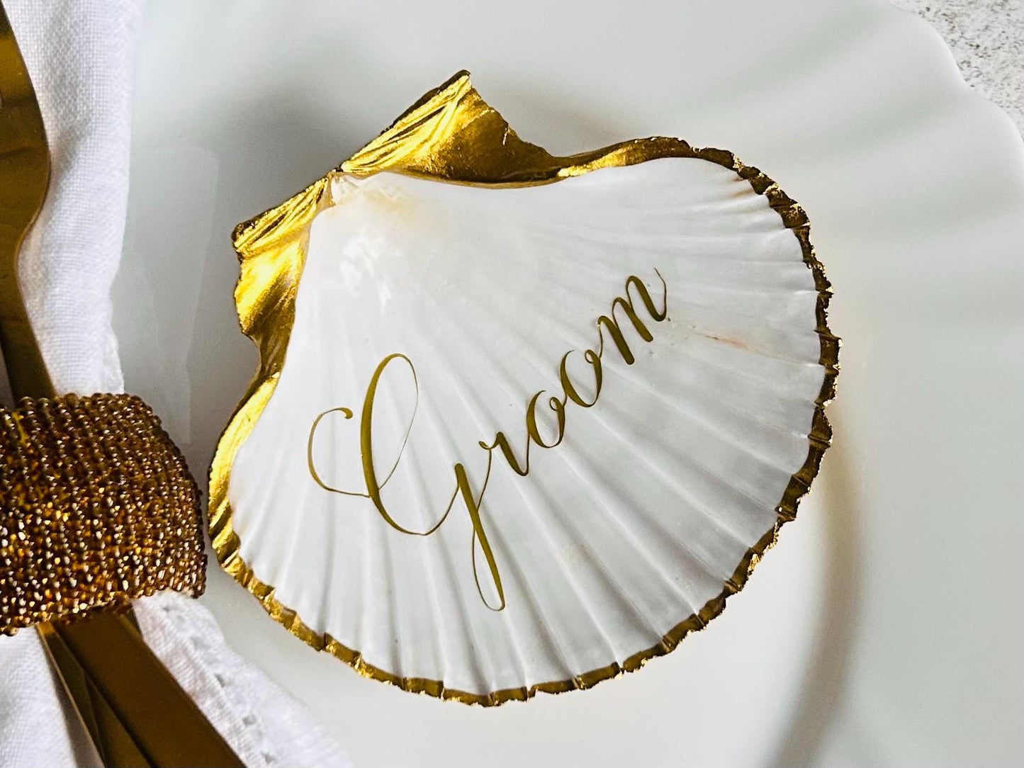 Gold Scallop Shell Wedding Place Names and Guest Favours.