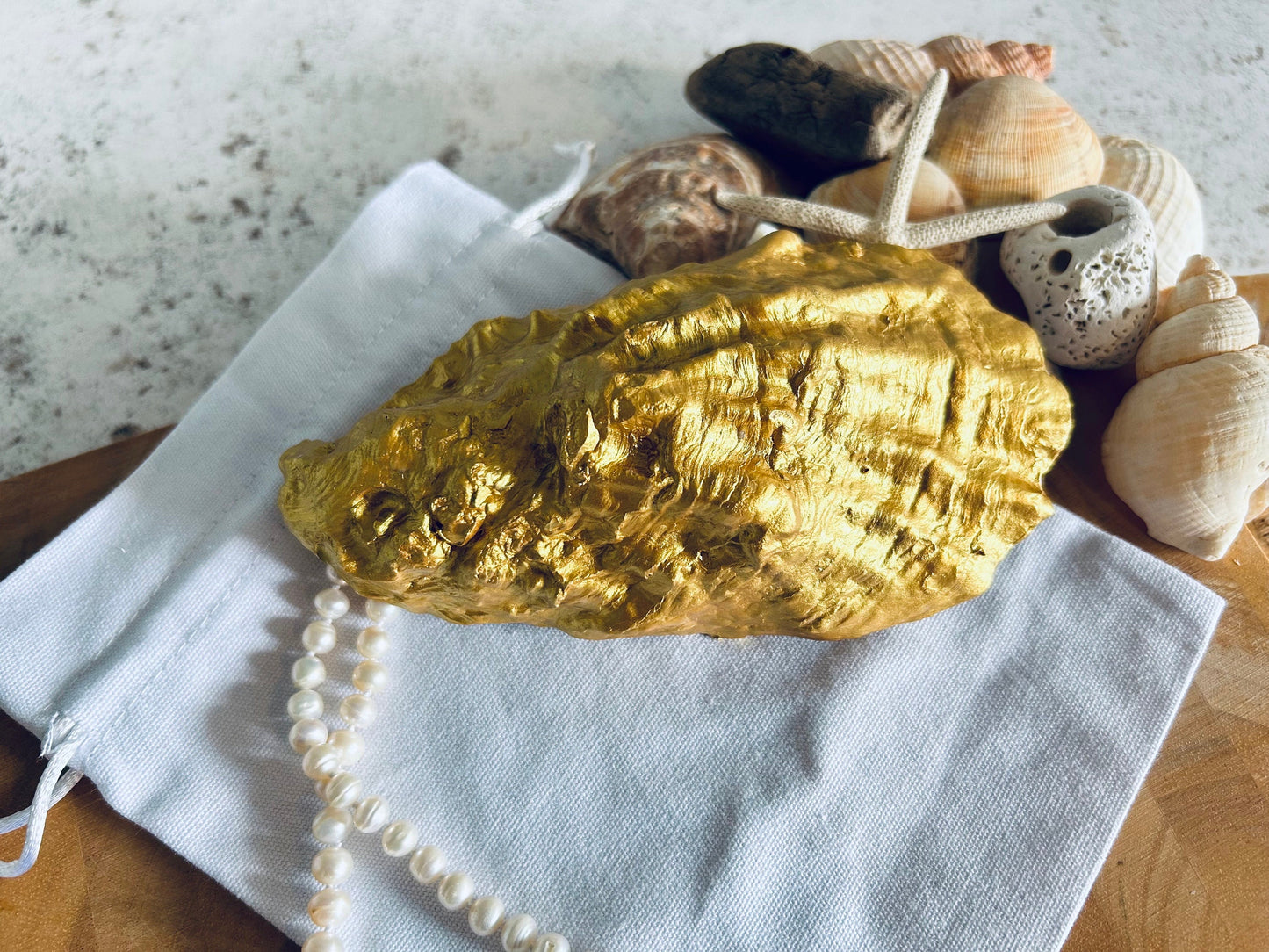 Mr & Mrs Large Gold Oyster Shell Wedding Ring Holder.