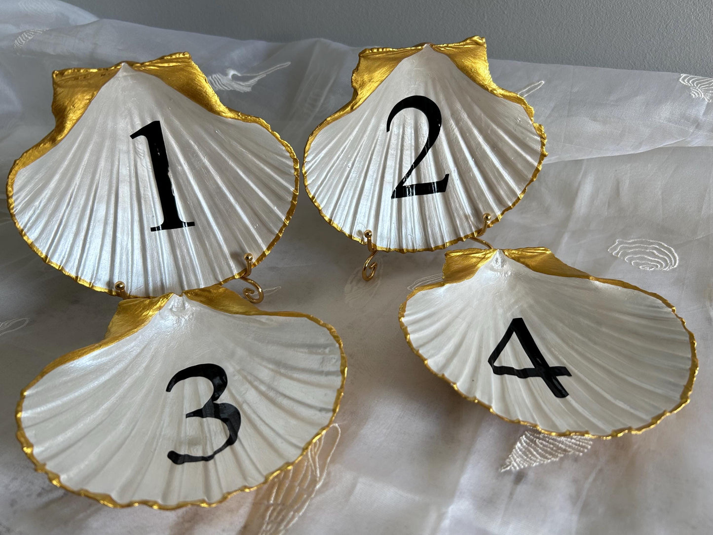 Gold Scallop Seashell Wedding Table Numbers or Names.