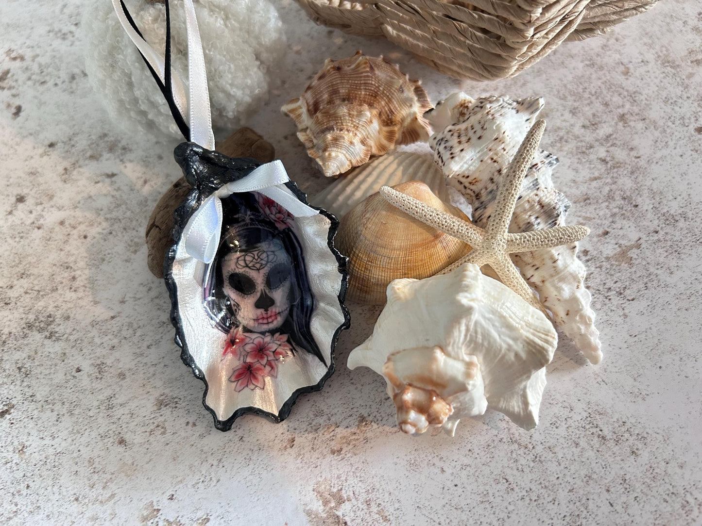Lady Sugar Skull Oyster Shell Hanging Gothic Decoration.